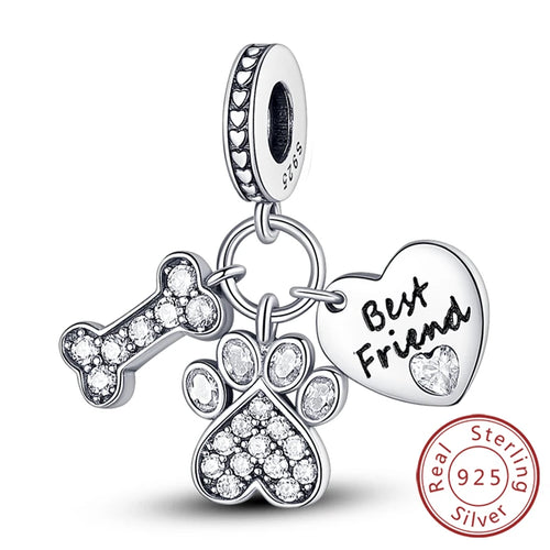Charms 925 Sterling Silver Dog Cat Paw Print Love Pets Charms Beads