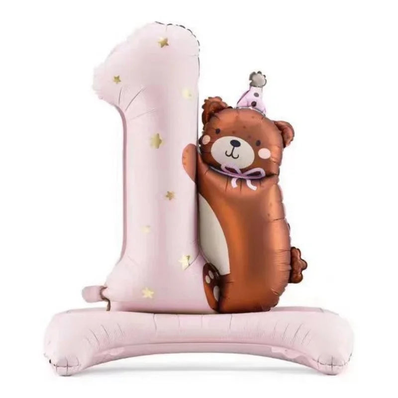 1PC Brown Pink Blue Bear One Year Old Standing Balloon Children's Baby