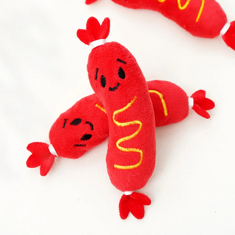 Squeaky Plush Pet Toys: Hot Dog Embroidered Chew Toys for Dogs & Cats,