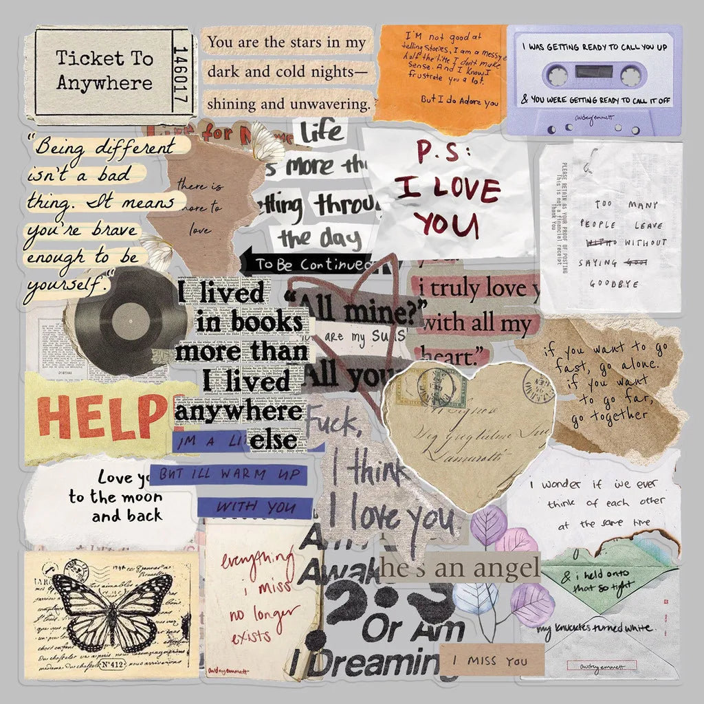 50 Pieces Vintage English Fragment Transparent Stickers - Minimalist