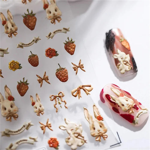 Japanese Vintage Red & Blue Rose Flower Laser Gold Silver Nail