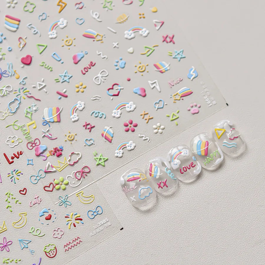 2pcs Cartoon Cute Line Rainbow Embossed Nail Art Stickers - Decal,