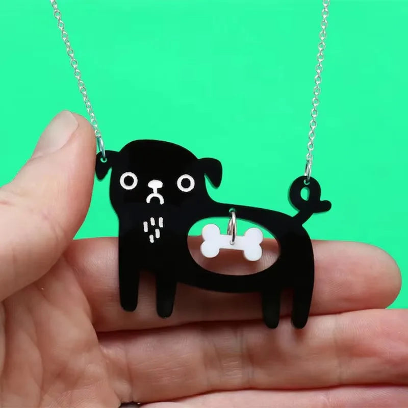 Cute Acrylic Black Cat And Fish Pendant Necklace Kawaii Pet Dog