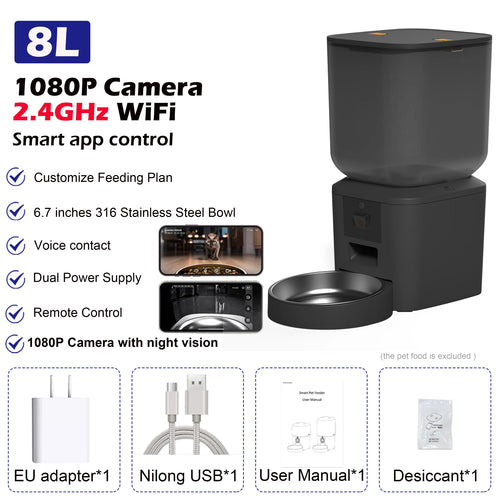 8L Automatic Cat Feeder With 1080p Camera Video 5G WiFi Cat Food