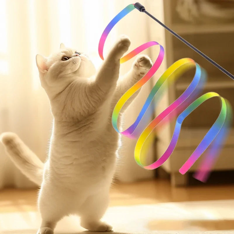 Interactive Coloured Ribbon Cat Toys Teasing Catd Stick Satin Ribbon