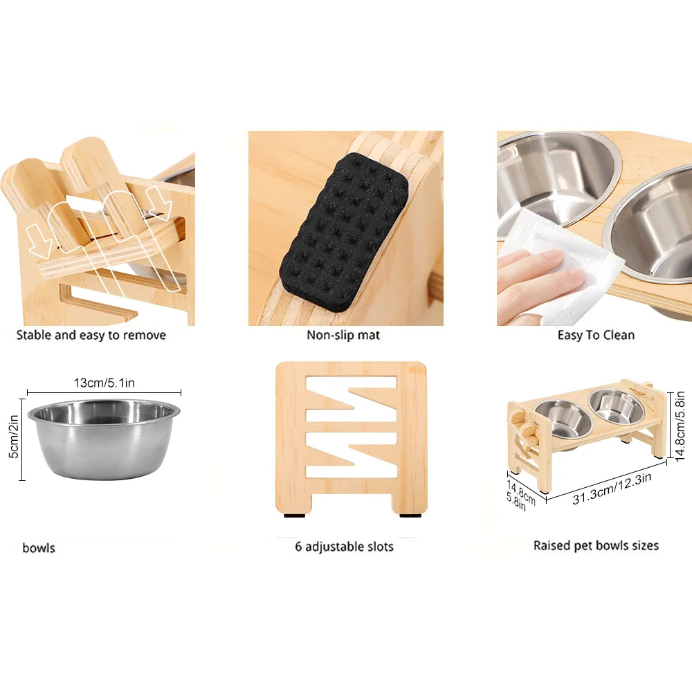 Adjustable wooden raised dog bowl stand with 2 stainless steel bowls