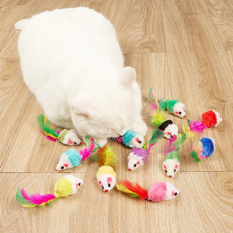Pet Cat Toys Rabbit Fur False Mouse  Feather Rainbow Mouse Toy  Funny