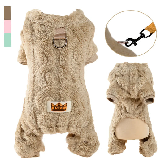 Soft Dog Clothes For Winter Warm Puppy Jumpsuit With D-ring Flannel