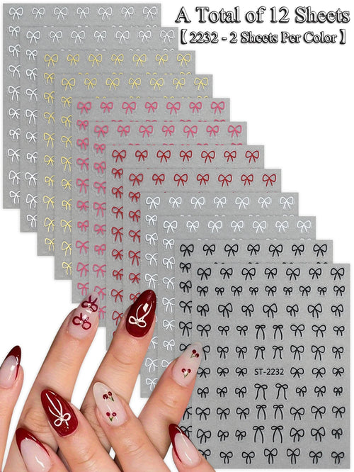 6/12/18/24/30 Sheets Bowknot Nail Stickers Cute Ribbon Design Self