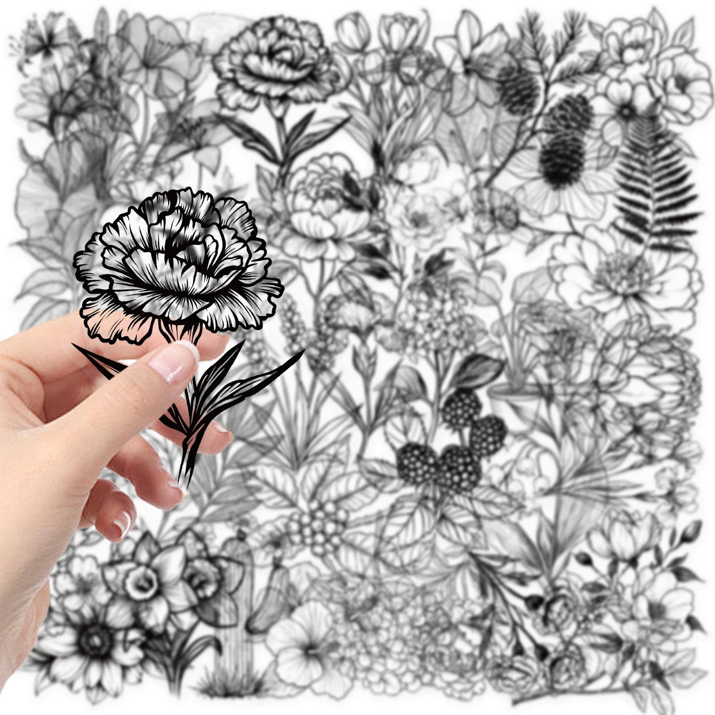 50pcs Black and White Plants Pattern Stickers Perfect for DIY Phone