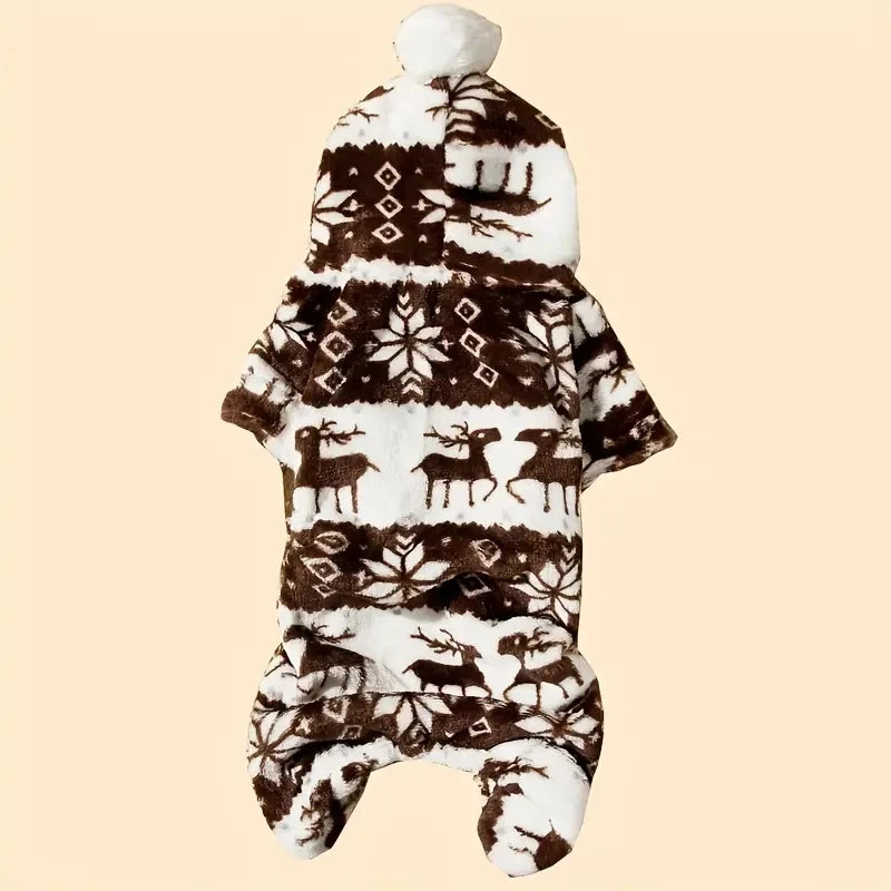1pc Pet Christmas Reindeer Graphic Pajamas Hooded Jumpsuit For Puppy,