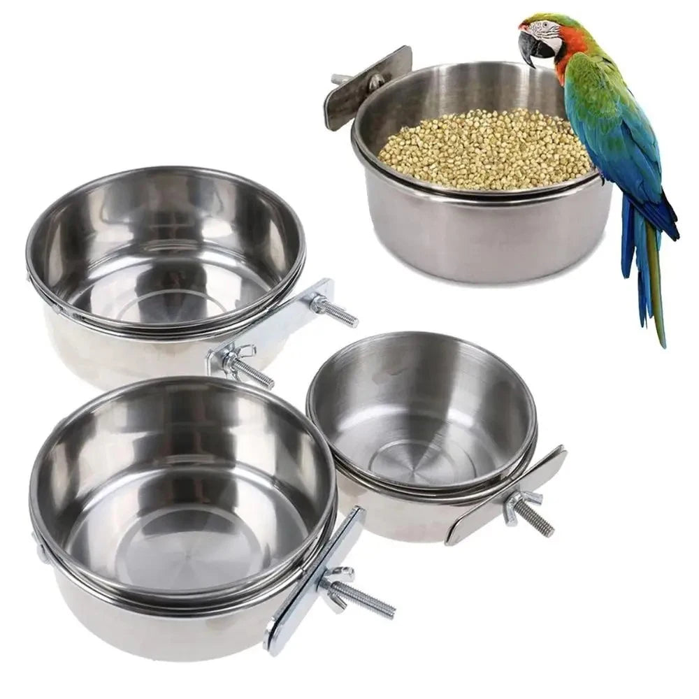 Parrot Rabbit Hamster Pet Food Dish Stainless Steel Clamp-on Water