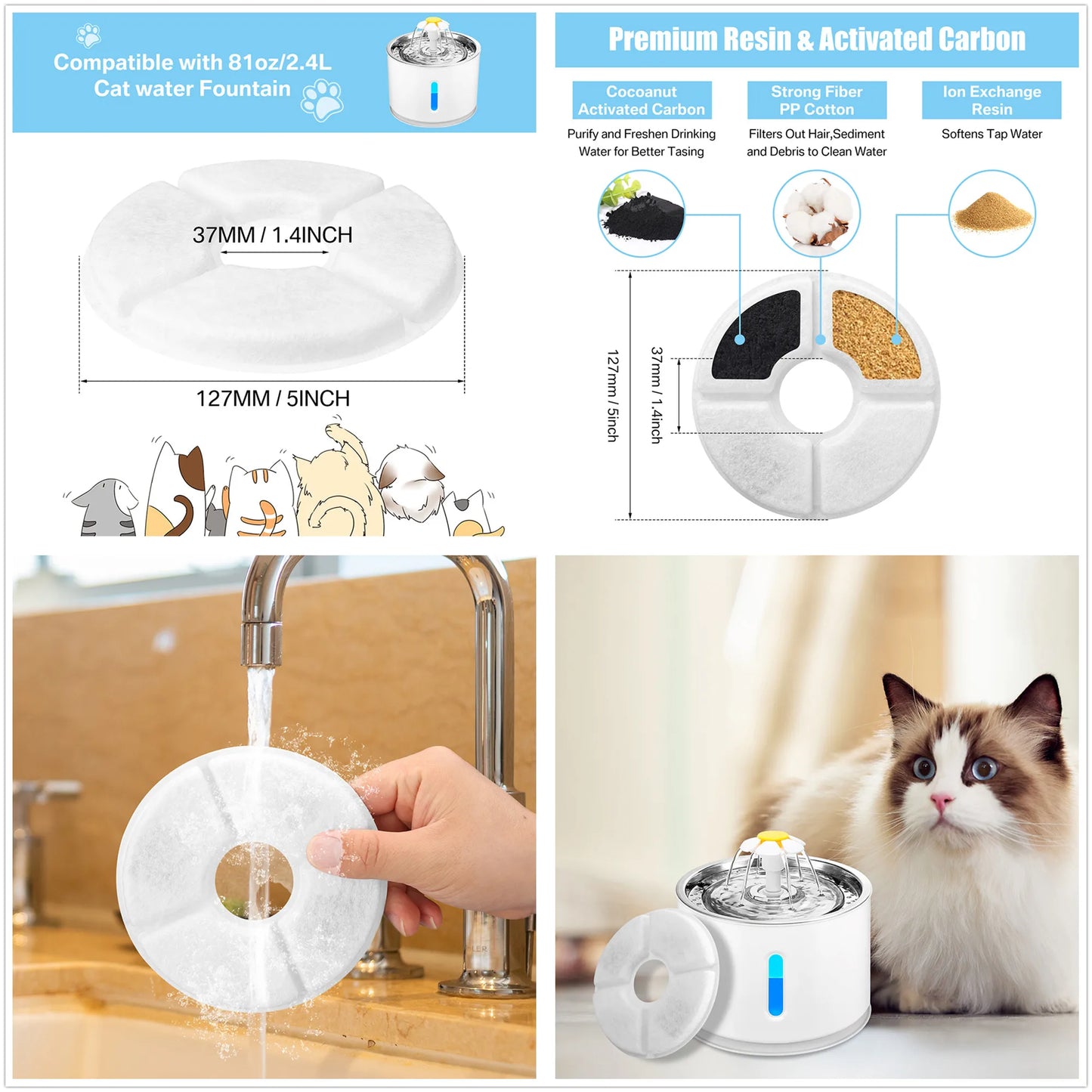 Pack of 8/12 Pet Water Fountain Filters Cat Dog Replacement Activated