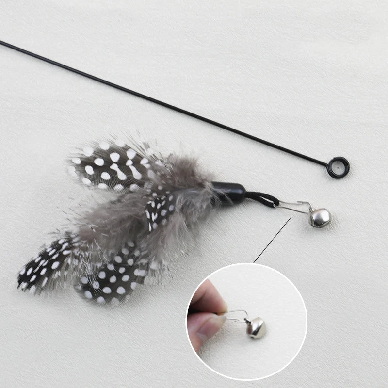 Wooden handle spring teasing cat stick pearl feather replacement head