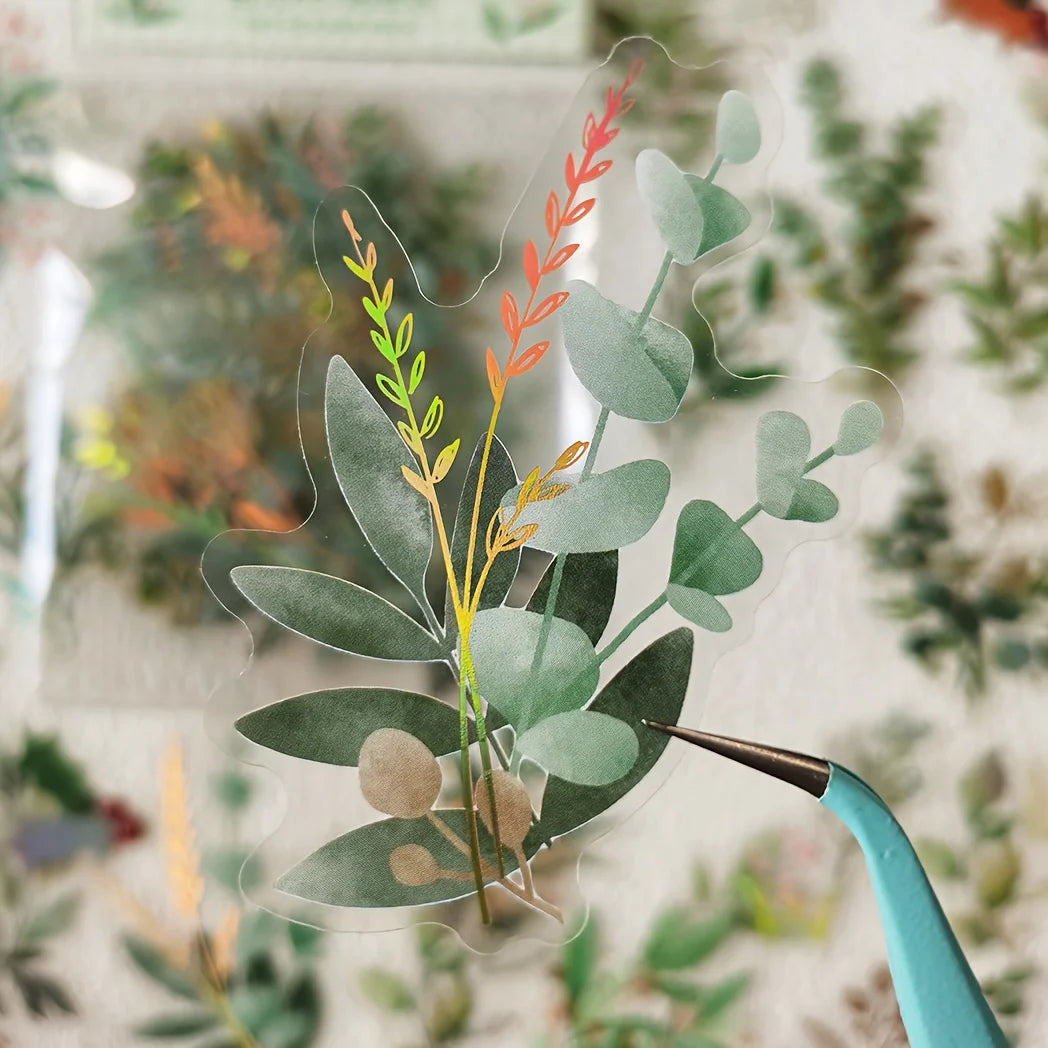 40pcs  Vintage gold foil green leaf and floral stickers, suitable for