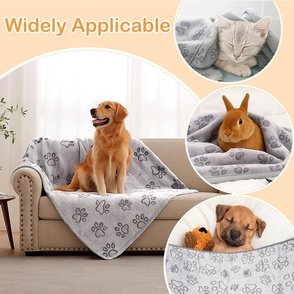 Cozy Plush Dog Paw Print Blanket - Soft Flannel Pet Bed Mat for Cats &