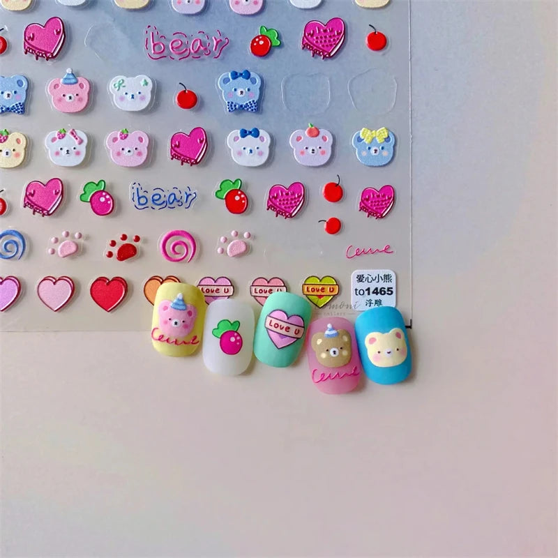 1PCS Relief Adhesive Cute Smiling Face Teddy Bear Nail Sticker
