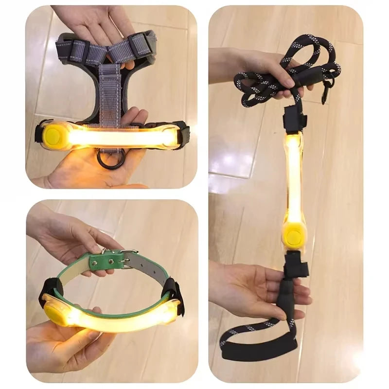 Night running pet dog safety harness collar for preventing loss.