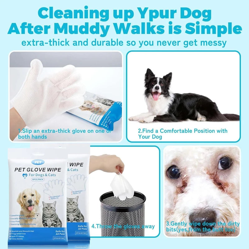 6Pcs Pet Wipes Gloves Free Cleaning Dog & Cat Wipes Puppies and