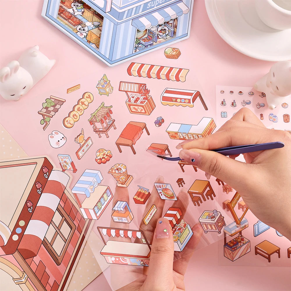 4 Pack/Set Microscopic 3D House Stickers Collection Waterproof PET