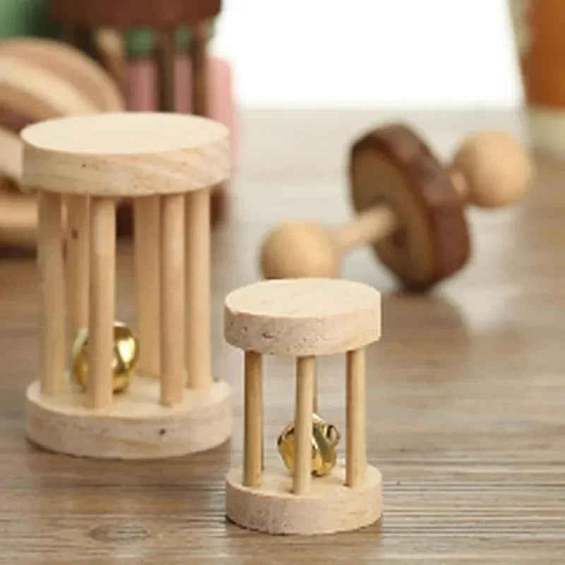 Cute Rabbit Roller Toys Natural Wooden Pine Dumbells Unicycle Bell