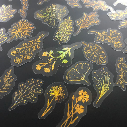 80 Pcs Glitter Gold Stickers Plant Flower,Waterproof Transparent