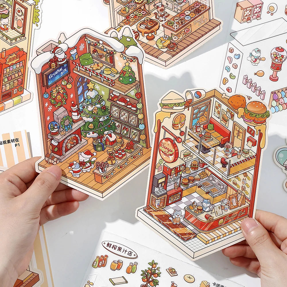 13 Pcs in 1 Book Cartoon 2.8D Landscape Sticker DIY Pocket Cabin Scene