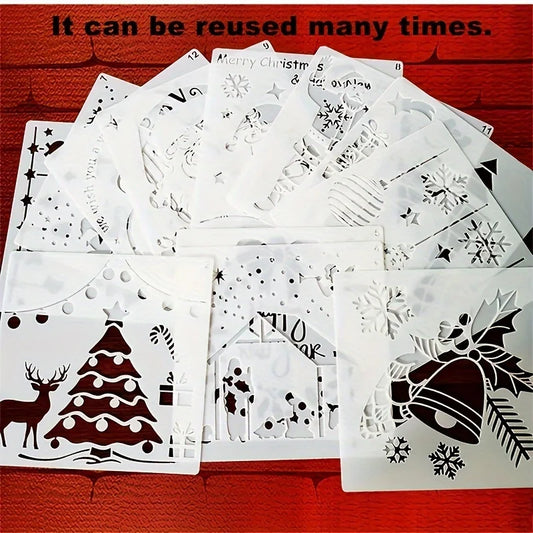 12pcs Christmas Series Painting Stencils - Reusable, Washable, PET