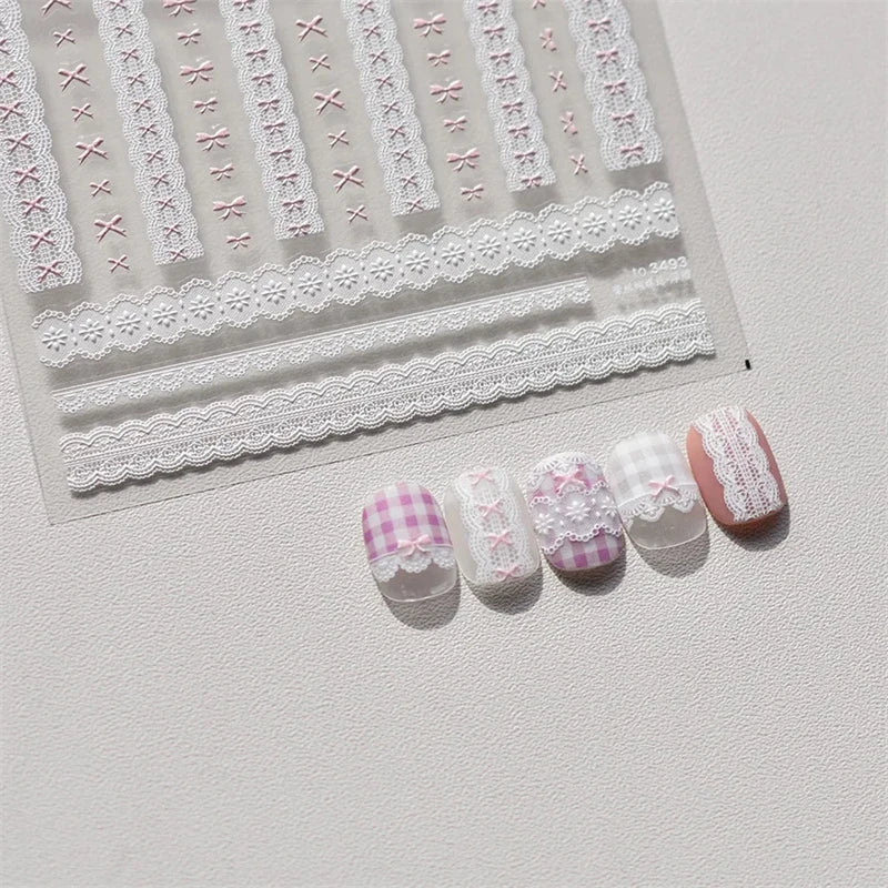 1pcs Sweet Pearl Lace Bow Nail Stickers Love Heart Pink White Black