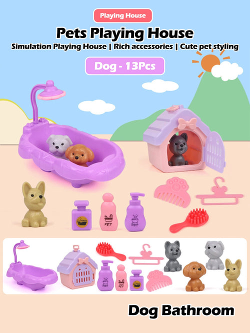 Cute Dog Pet Basket Family Toys Dog Doll Set Dog Cage Toys Scene