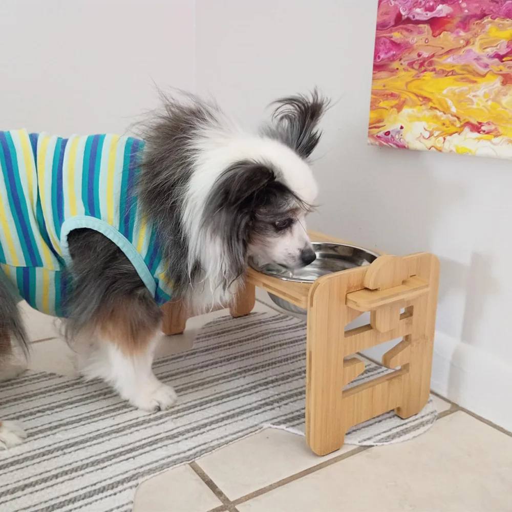 Adjustable wooden raised dog bowl stand with 2 stainless steel bowls