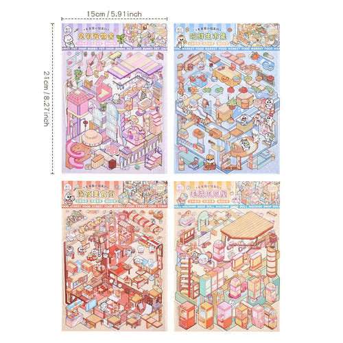 4 Pack/Set Microscopic 3D House Stickers Collection Waterproof PET