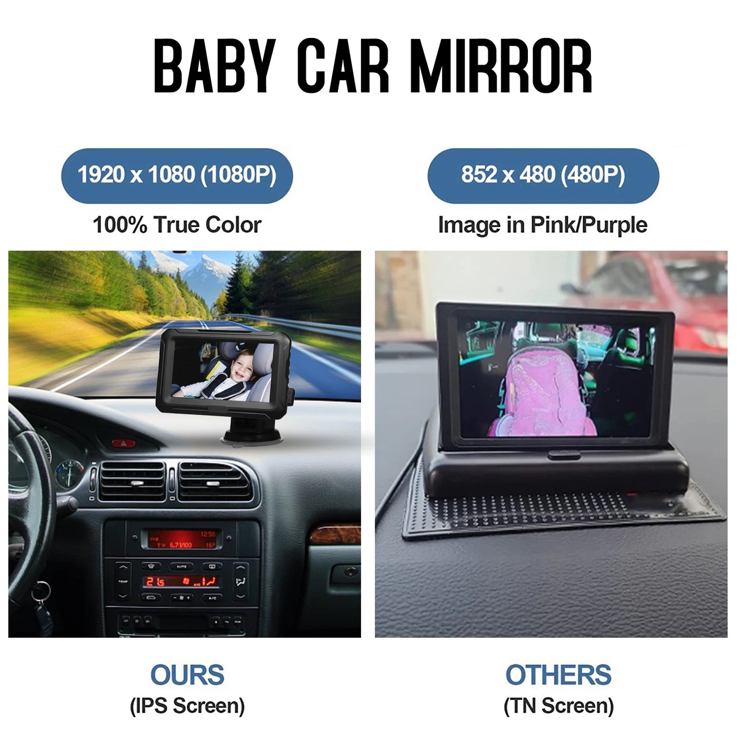 Rear View Monitor 4.3'' IPS Screen Baby Car Mirror Adjustable Wide