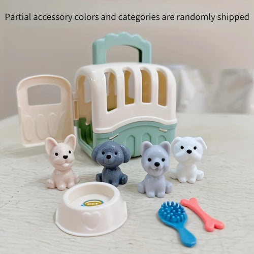 8pcs/set Cute Dog Pet Basket Family Toys Dog Doll Set Dog Cage Toys