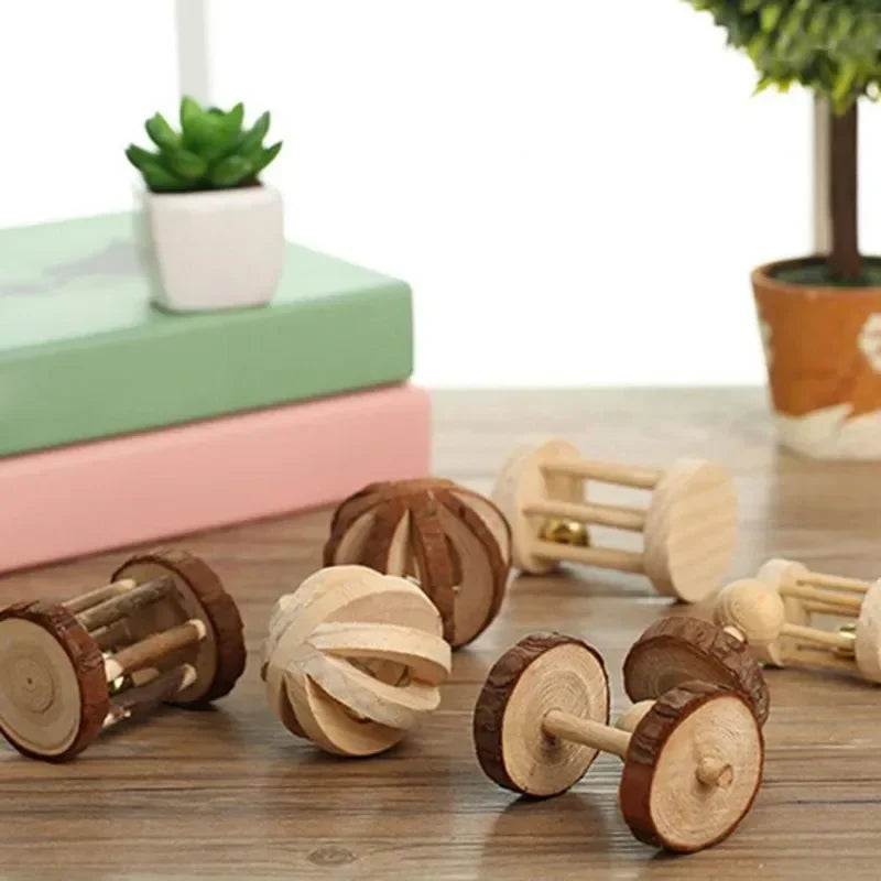 Cute Rabbit Roller Toys Natural Wooden Pine Dumbells Unicycle Bell