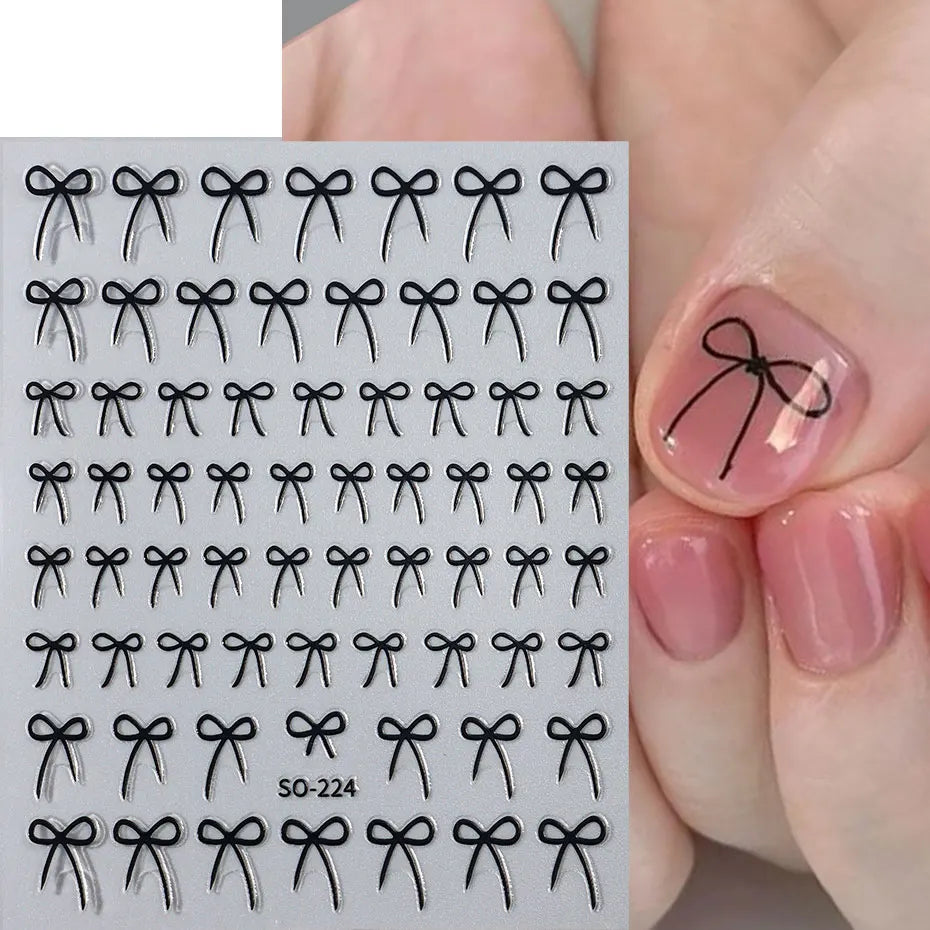 8pcs Mixed Color Bow Nail Art Stickers 3D Cute Red Black Pink bowknot
