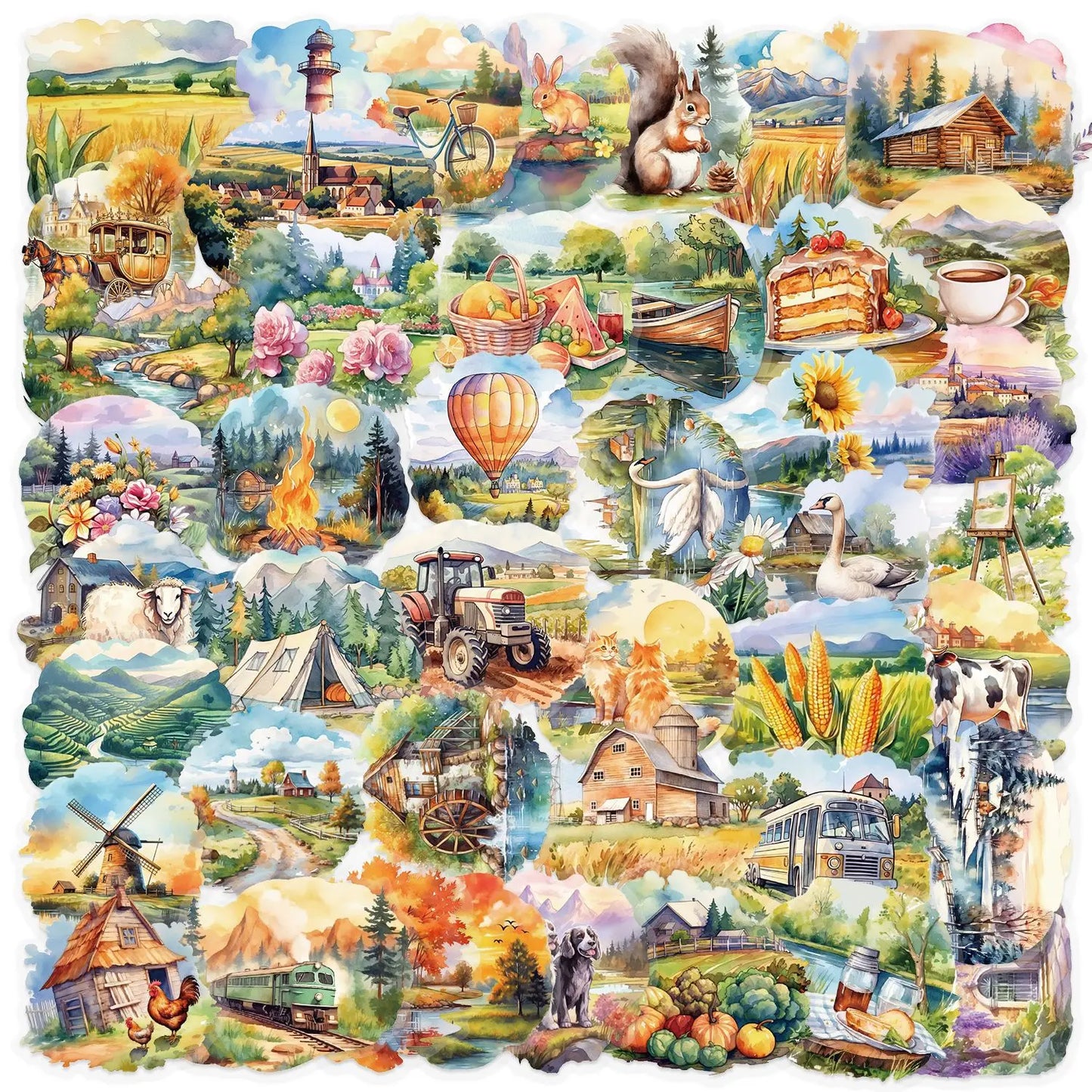 50PCS Rural Scenery Sticker Decoration Scrapbooking PET Sticker