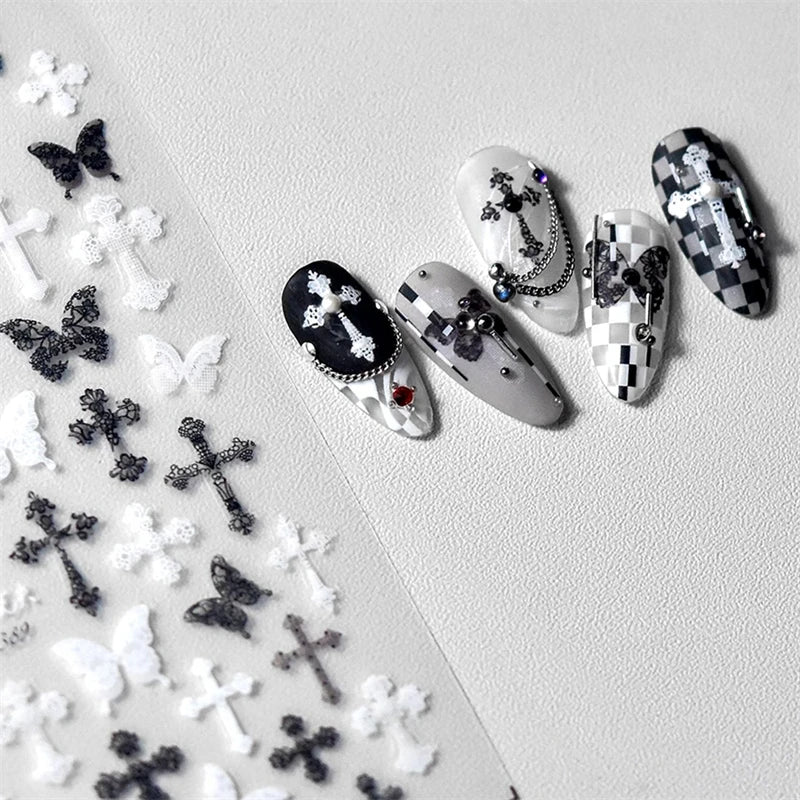 Sexy Woman Black White Lace Butterfly Cross 5D Soft Embossed Relief