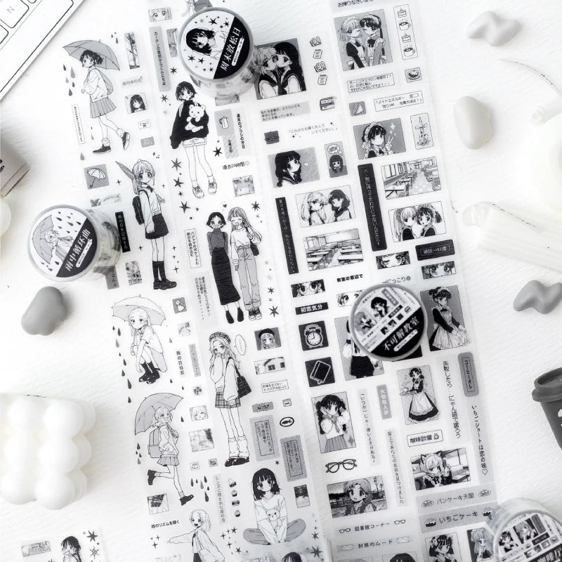 2m/roll Kawaii Japanese black and white manga style PET die-cut tape
