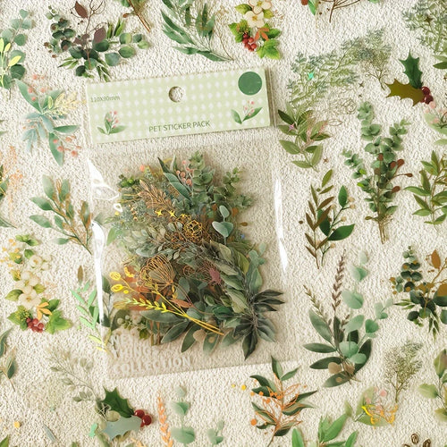 40pcs  Vintage gold foil green leaf and floral stickers, suitable for