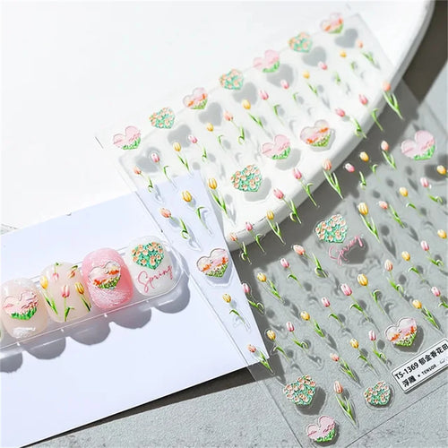 Japanese Vintage Red & Blue Rose Flower Laser Gold Silver Nail