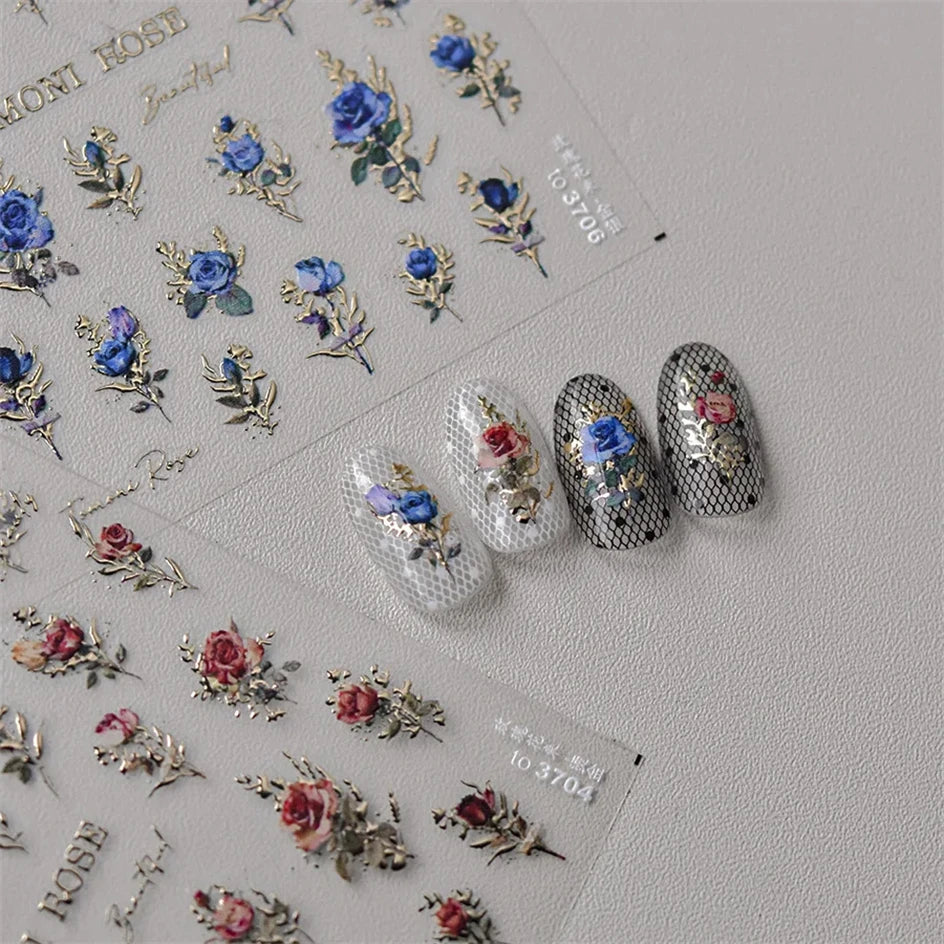 Japanese Vintage Red & Blue Rose Flower Laser Gold Silver Nail
