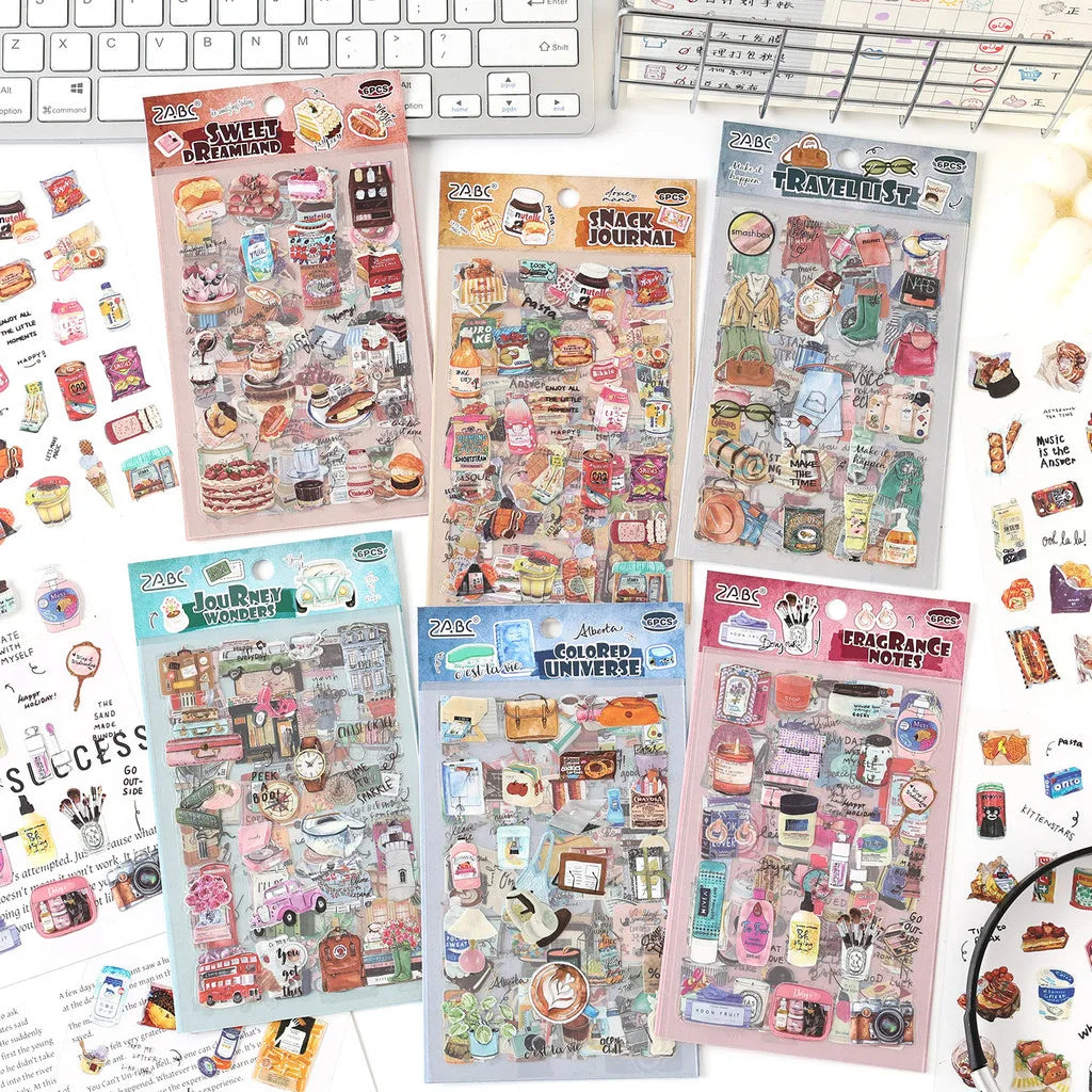 Journamm 6sheets Vintage Scrapbook Stickers PET Diary Sticker Pack for