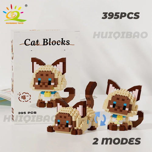 HUIQIBAO Cute Cat Micro Model Building Block Kids Mini Pets City