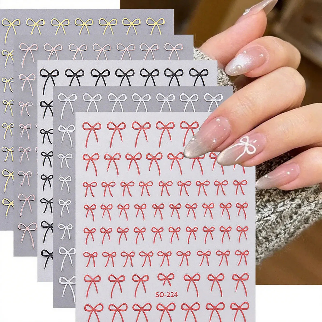 8pcs Mixed Color Bow Nail Art Stickers 3D Cute Red Black Pink bowknot