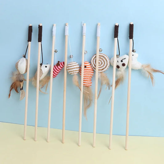 New Mouse Wooden Teasing Cat Rod Cat Toy Pet Supplies Feather Bell