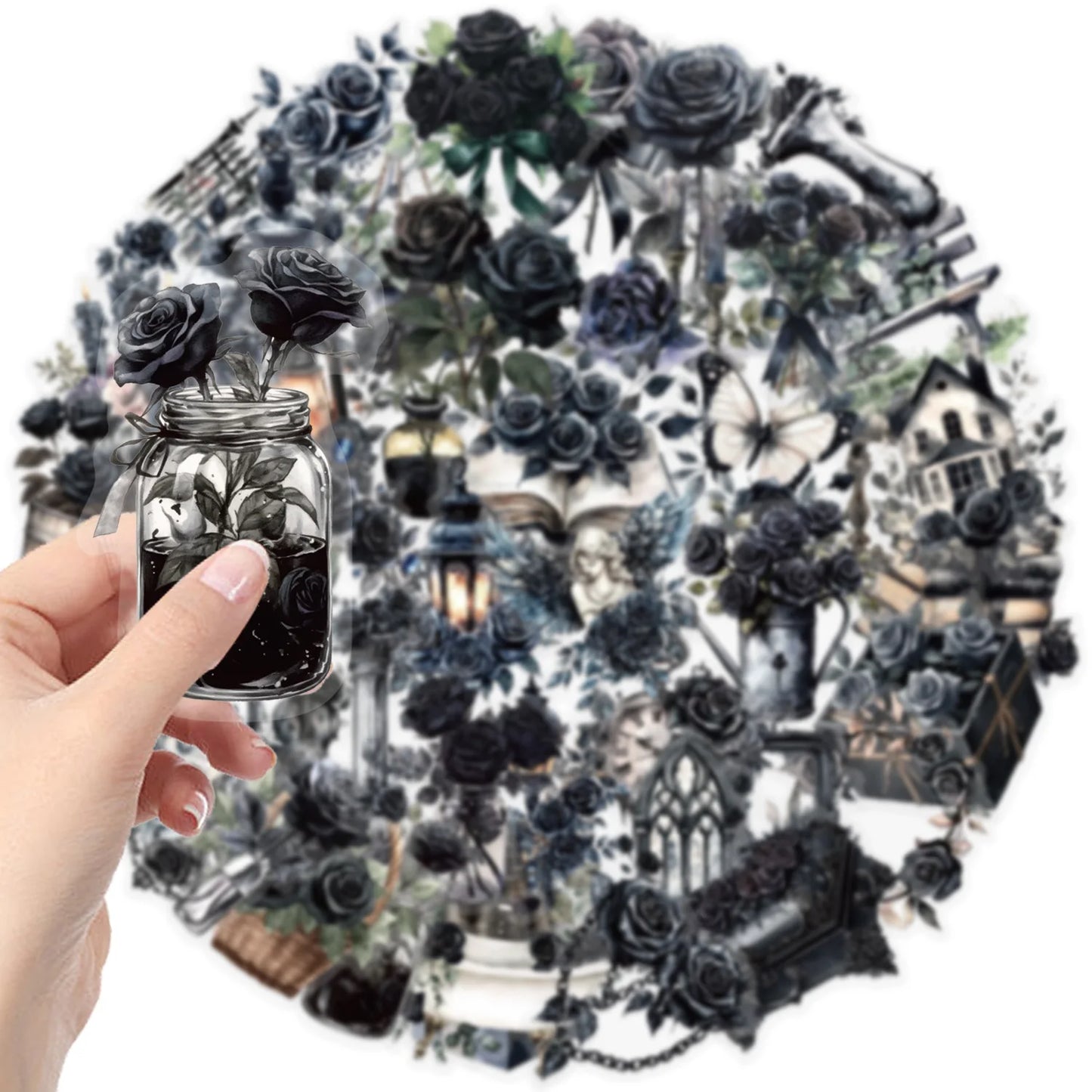 50Pcs Transparent Cartoon Dark Rose Sticker Pack Waterproof
