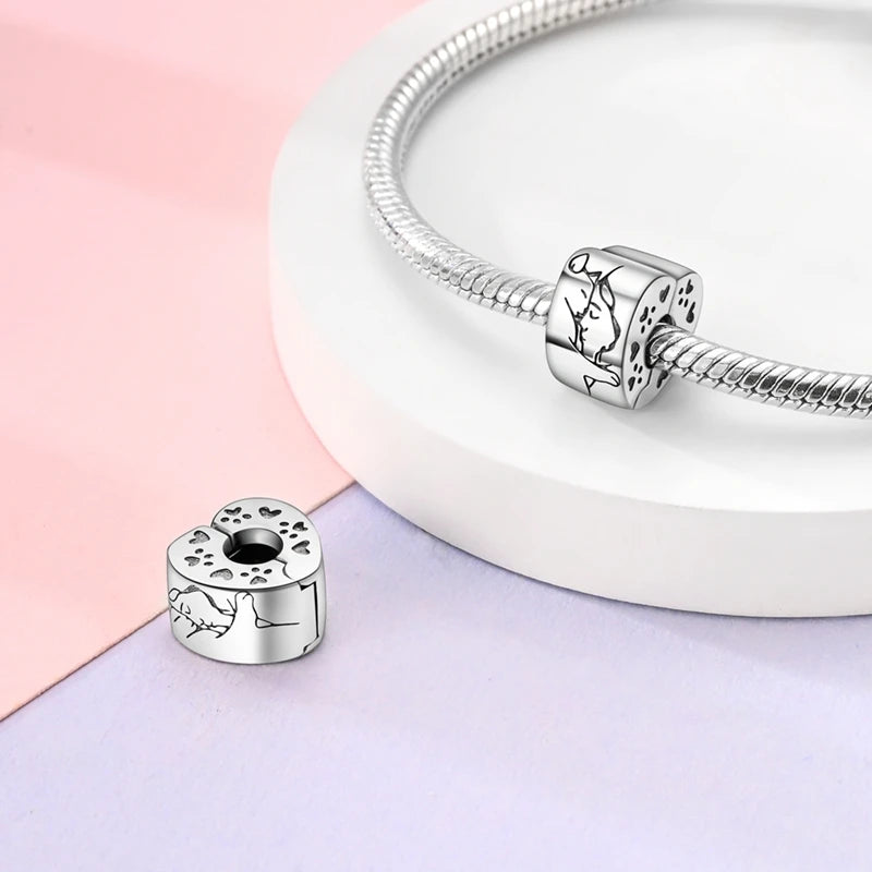 Charms 925 Sterling Silver Dog Cat Paw Print Love Pets Charms Beads