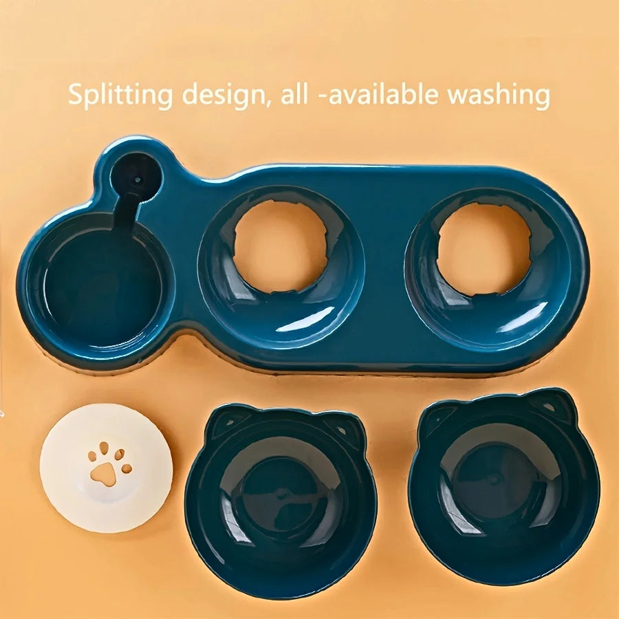 Pet Bowls With Water Feeder, 3 In 1 Ear Design Tilted Cat Water And