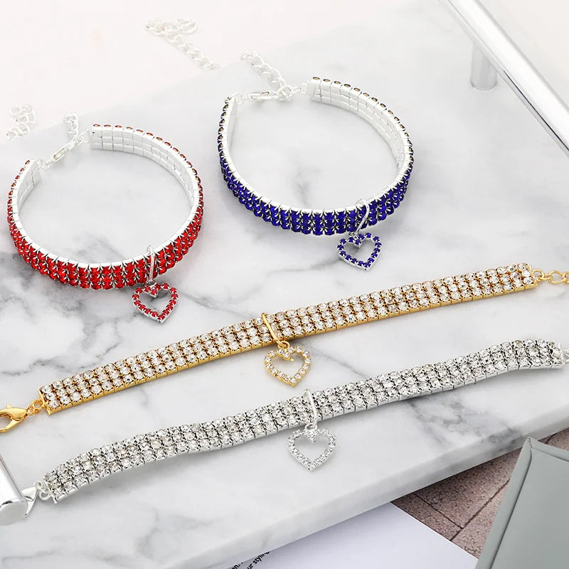 New Cat Dog Collar Three Row Elastic Rhinestone Pet Collars Love